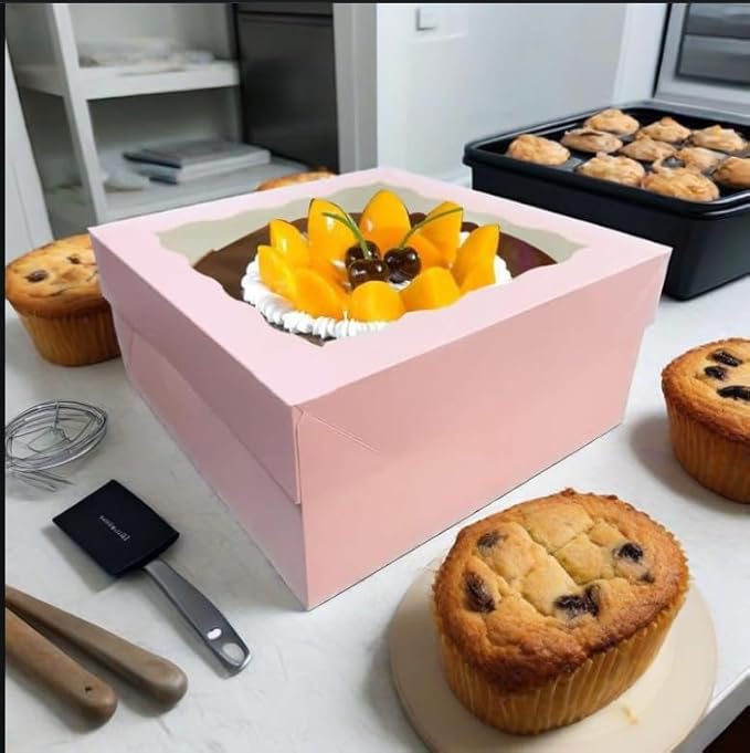 Generic 20Pcs (12x12x6 in) Cake Boxes+1 stickers with Display Window for Gift Giving, Bakesale, Cupcakes, Dessert, Cookies, Pie, Macaroons, Donuts, Pastry, Kraft Paper Material… (20Pcs Pink), 12CDGH