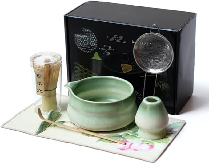 Matcha Whisk Set, 7 Pcs Kit Includes Ceramic Bowl, Traditional Bamboo Whisk and Holder, Scoop, Scoop Rest, Sifter and Tea Towel - Gift set for Matcha Lovers, birthday, Christmas (Green)