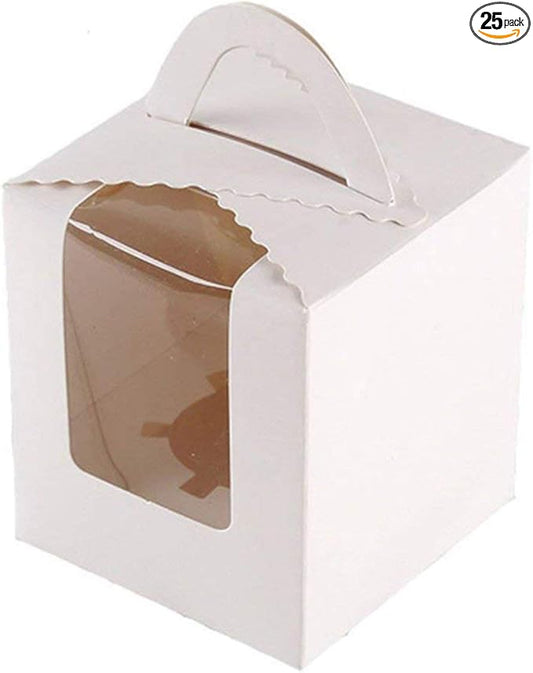 ihomecooker 25 Pcs Single White Cupcakes Containers Gift Boxes with Window Inserts Handle for Wedding Candy Boxes (25P-Handle-White)