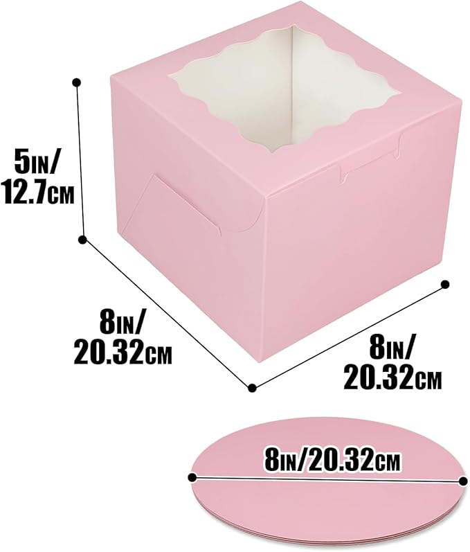 Bakepacker 8x8x5 Inches 36pcs Pink Cake Boxes with Window 18-Packs (18 Boxes +18 Cake Boards Included)
