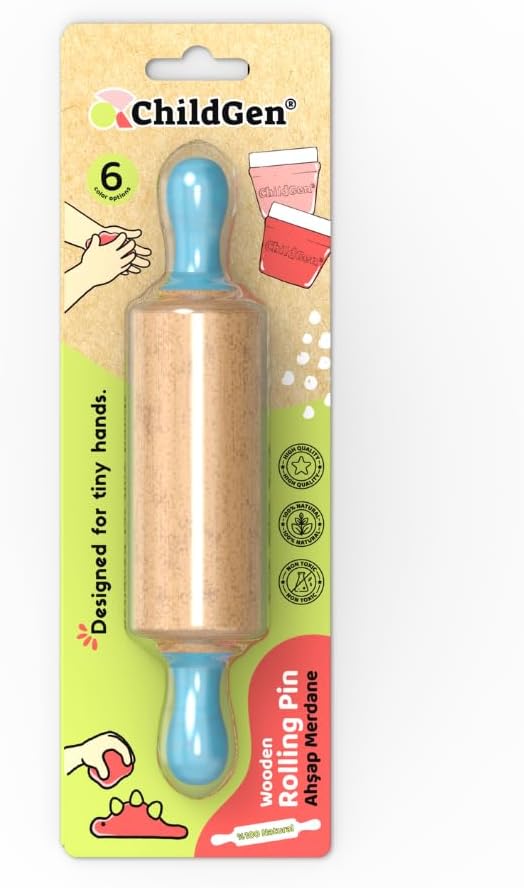 Wooden Play Dough Roller for Kids | Rolling Pin for Playdough & Clay, Safe Natural Art Supplies for Toddlers and Preschool Kids (Blue)