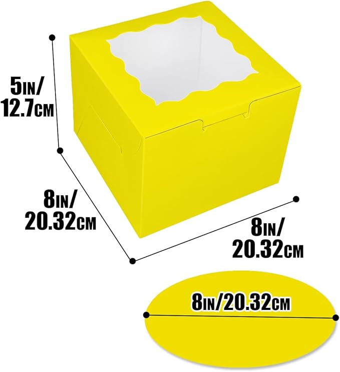 Bakepacker 36pcs 8x8x5 Inches Cake Boxes with Window 18-Packs Yellow Cake Boxes 8 Inch Bakery Boxes (18 Cake Boxes +18 Cake Boards Included)