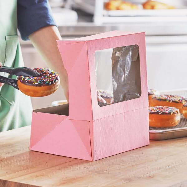 Auto-Popup Window Bakery Box, Pink Paperboard, 9 x 7 x 3.5 Inches, Rectangle Cake Box, 200 Count Bundle