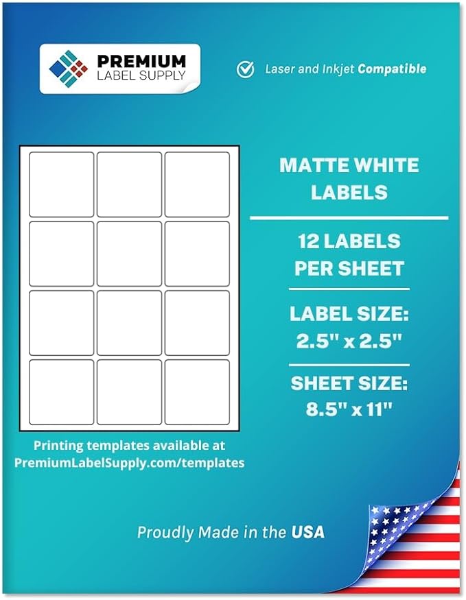 Premium Label Supply White Sticker Square Labels – 2.5" x 2.5" – Laser/Inkjet Compatible – (12 per Sheet), 500 Sheets – 6000 Total Adhesive Labels