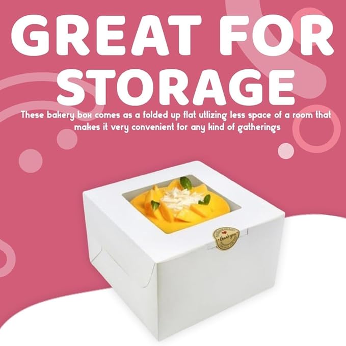JBR & JM 5-Pack White Cake Boxes with Window - 10x10x5 Inches, Disposable Bakery Box for Cakes, Pastries, Desserts, Cookies - Square Cake Containers for Birthday Parties and Weddings