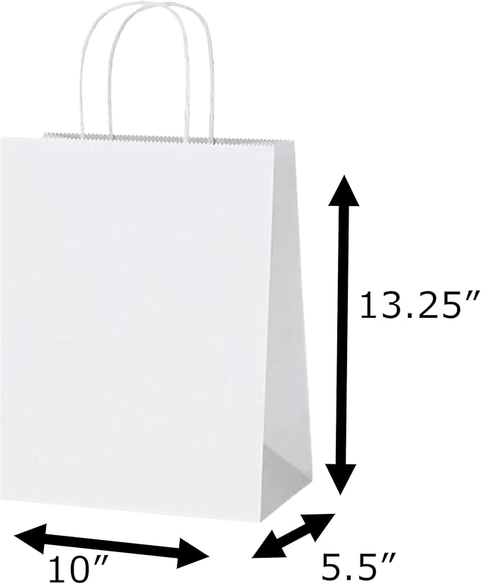 Premium 10x5x13 Paper Bags with Handles - Pack of 200, White Paper Bags Ideal for Shopping, Wedding, Business, Retail, Craft, Gifts & More - Durable, 100% Recyclable White Quality Bags