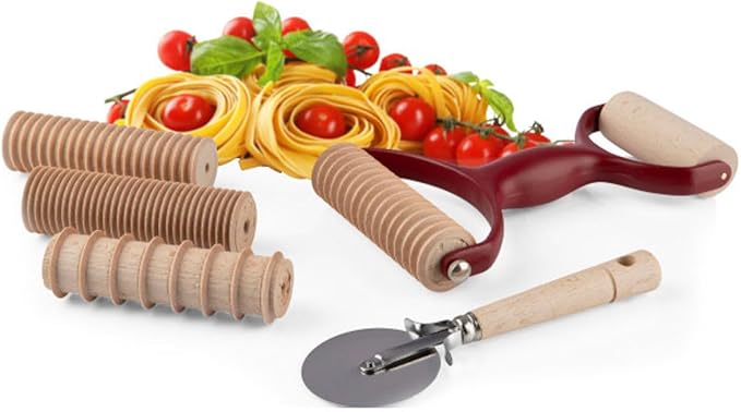 7 Pcs Pasta Making Tools - Kitchen Set with Handle, Pasta Cutter, Small Rolling Pin, and 4 Grooved Rollers for Spaghetti, Fettucine, Tagliatelle, and Pappardelle - Made in Italy by Classic Cuisine