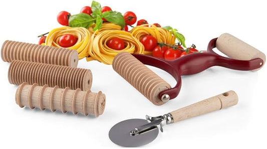 7 Pcs Pasta Making Tools - Kitchen Set with Handle, Pasta Cutter, Small Rolling Pin, and 4 Grooved Rollers for Spaghetti, Fettucine, Tagliatelle, and Pappardelle - Made in Italy by Classic Cuisine