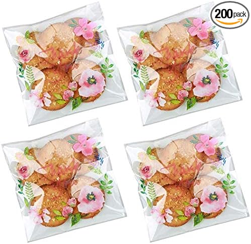 200pcs 5.5x5.5in Thank You Candy Bags Individual Cookie Wrappers Pink Flower Self Adhesive OPP Cookie Bakery Bags Roasting Treat DIY Translucent Plastic pouches