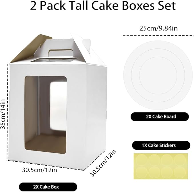2 Pack Cake Boxes with Cake Boards and Cake Stickers, 12 Inch Tall Cake Carrier with Window&Handle, Layer Cake Box, Disposable Cake Containers/Carrier for Wedding Birthday