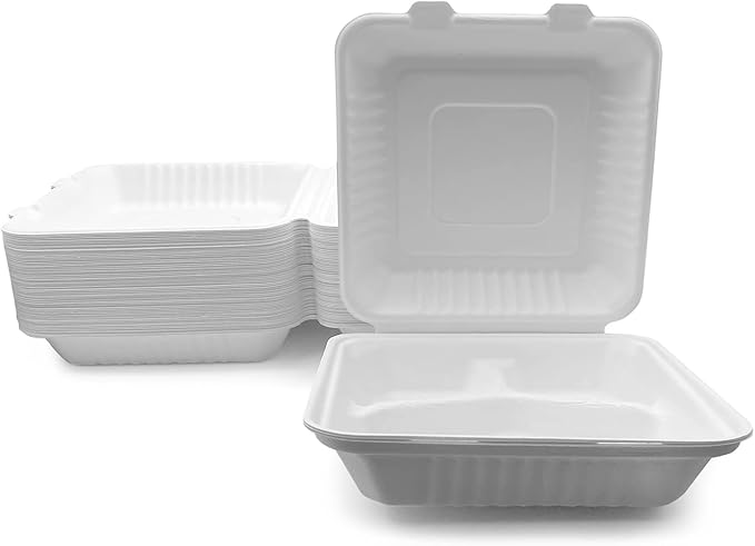three leaf 8" x 8" 3 COMPARTMENT BAGASSE CLAMSHELL, 200 Ct. Heavy-Duty- Super Strong- Natural- Eco-Friendly Disposable Bagasse Clamshell, 100% Biodegradable 8 inch clamshell