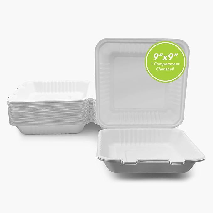 three leaf 9" X 9" 1 COMPARTMENT BAGASSE CLAMSHELL, 200 Ct. Heavy-Duty- Super Strong- Natural- Eco-Friendly Disposable Bagasse Clamshell, 100% Biodegradable 9 inch clamshell