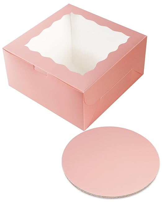 qiqee 10x10x5 Cake Box, 4 Sets Pink Cake Box with Window ＆ 4 Sets 10" Pink Cake Round Boards, 10inch Cake Containers