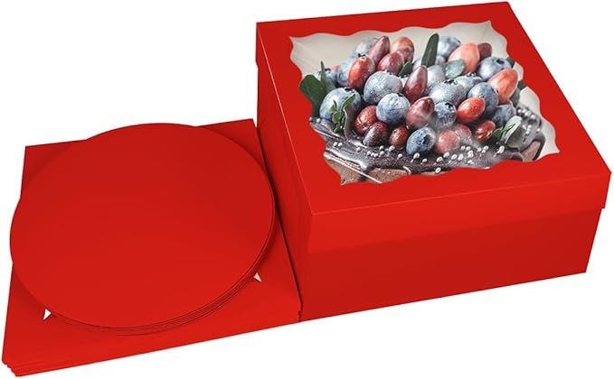 Bakepacker 36pcs 12x12x8 Inches Cake Boxes with Window 18-Packs Red Cake Boxes 12 Inch Bakery Boxes (18 Cake Boxes +18 Cake Boards Included)