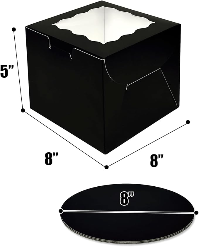 Bakepacker 36pcs 8x8x5 Inches Cake Boxes with Window 18-Packs Black Cake Boxes 8 Inch Bakery Boxes (18 Cake Boxes +18 Cake Boards Included)