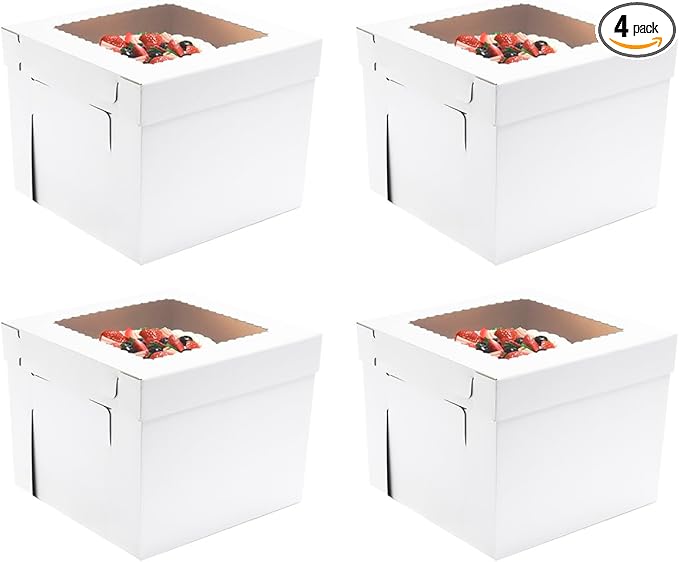 JJO Tall Cake Boxes for Tier Cakes, 14x14x12 Inches 4 Pack,White Bakery Boxes with Window,Disposable Cake Containers, Sturdy Wedding Tall Cake Carrier, Layer Cake Carrier