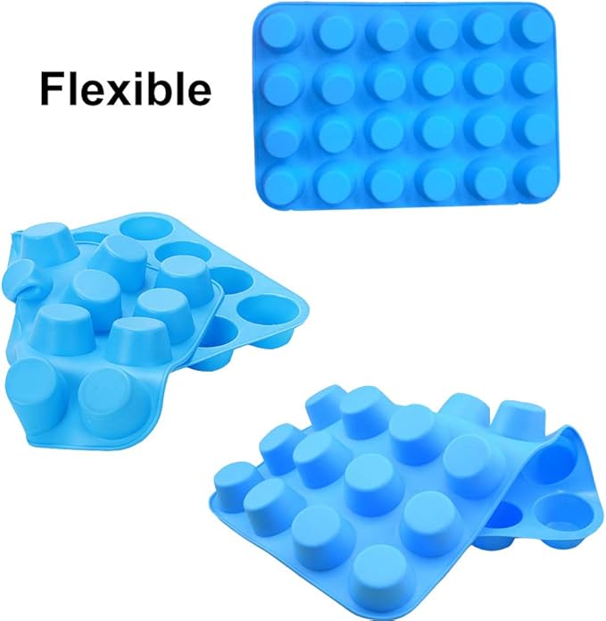 Qtopun Silicone Mini Muffin Pan, 4 Pack 24 Cups Silicone Mold Cups Baking Pan, Silicone Muffin Tins Baking Moulds-Blue