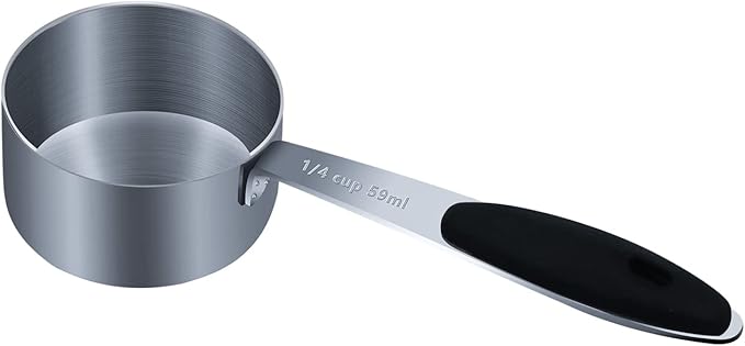 1PCS 1/4Cup (59ml, 2oz) Single Measuring Cup with Black Silicone Grip, Stainless Steel Individual Measure Scoop Only