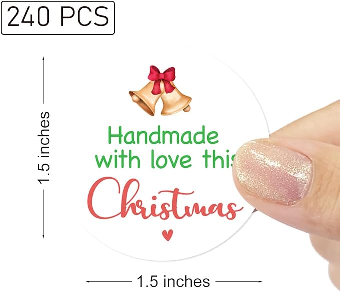 240 PCS Handmade With Love This Christmas Stickers for Small Business Envelopes, Packages, Goods, Bags - Cute Christmas Theme Shop Seals