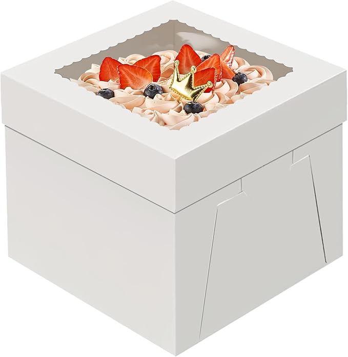 WINKIO 10x10x8 inch Cake Boxes, 4 Pack with Window, White Disposable Bakery Boxes for Cakes, Cookies, Pies, Cupcakes, Pastries