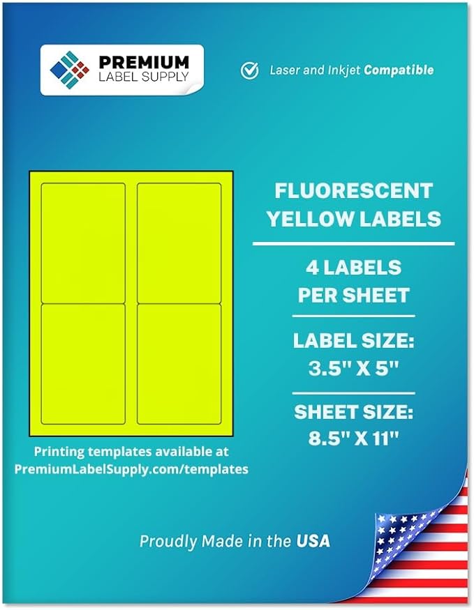 Premium Label Supply Bright Neon Color Fluorescent Sticker Labels - 3.5" x 5" Labels - (Fluorescent Yellow, 100 Labels)