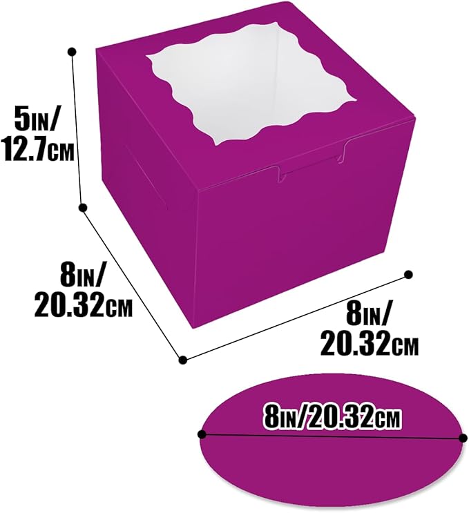 Bakepacker 36pcs 8x8x5 Inches Cake Boxes with Window 18-Packs Deep Purple Cake Boxes 8 Inch Bakery Boxes (18 Cake Boxes +18 Cake Boards Included)