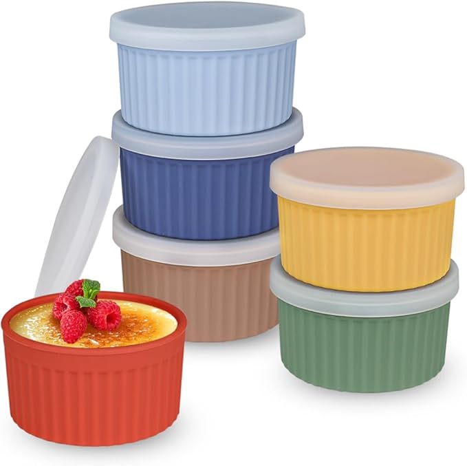 Koluti Nonstick Silicone Ramekins 8oz Set of 6, Creme Brulee Souffle Oven Safe Bowls with Lids, Pudding Dessert Baking Cups Ice Cream Snack Food Storage Container, BPA Free, Microwave, Freezer, Dishwasher Safe