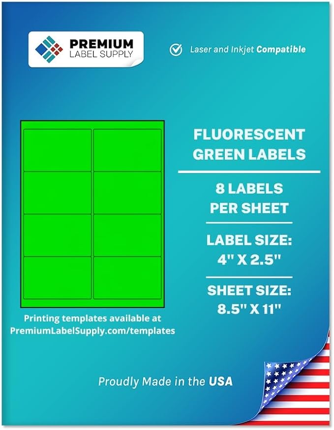 Premium Label Supply Bright Neon Color Fluorescent Sticker Labels - 4" x 2.5" Address Labels - (Fluorescent Green, 200 Labels)