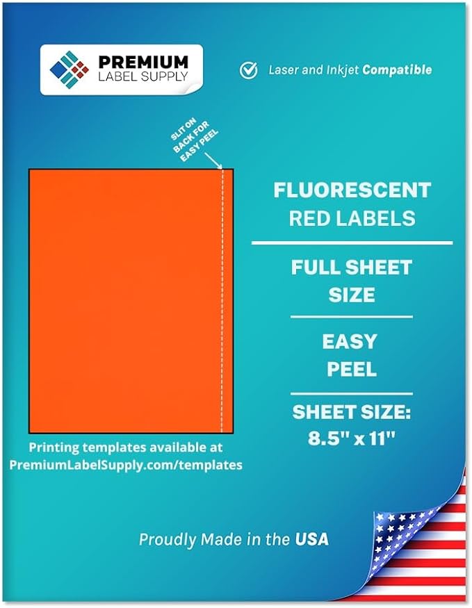 Premium Label Supply Bright Neon Color Fluorescent Sticker Labels - 8.5" x 11" Full Sheet Labels - (Fluorescent Red, 100 Sheets)