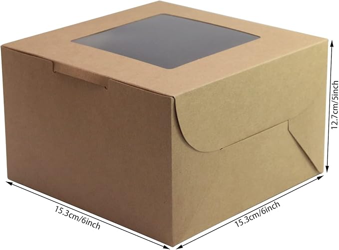 PQZKLDP 12Packs 6x6x5 Inches Brown Kraft Cake Boxes with Window, Gift Packing, Bakery Boxes, Dessert, Pastry, Cupcake, Pie Cookies, With Stickers,66 FT Twine (6 * 6 * 5 Inch, Brown)