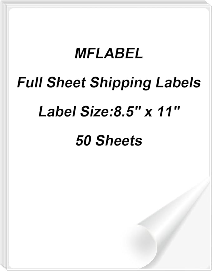 MFLABEL Full Sheet Sticker Paper - 50 Sheets 8.5" x 11" White Matte Printable Vinyl for Inkjet & Laser Printers | Permanent Adhesive for Shipping Labels, Address Labels, DIY Crafts & Packaging