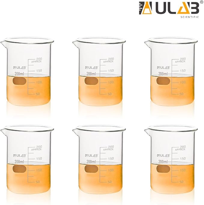 ULAB Scientific Glass Beaker Set, Vol. 200ml, 3.3 Borosilicate Griffin Low Form with Printed Graduation, Pack of 6, UBG1022