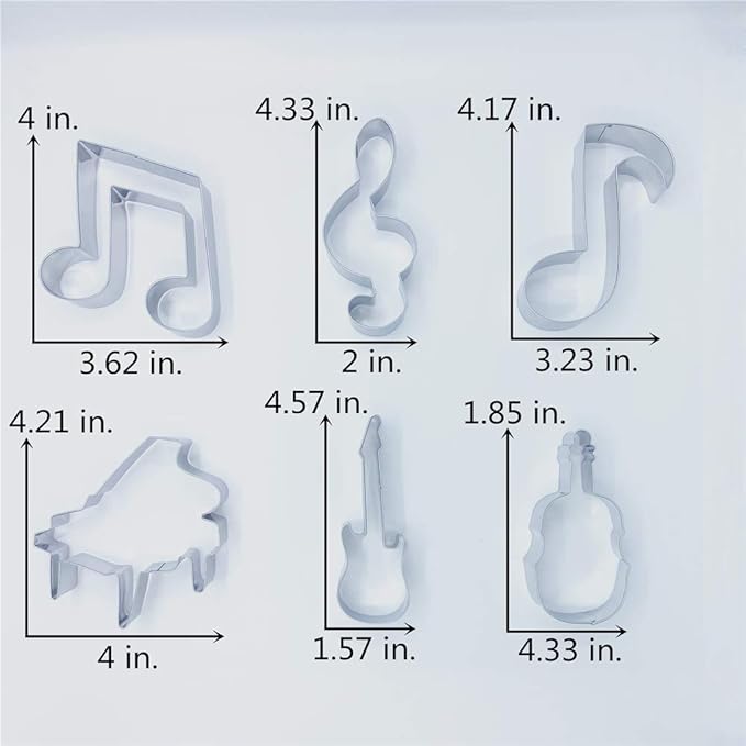 LILIAO Music Cookie Cutter Set - 6 Piece - Violin, Piano, Electric Guitar, Music Note, G Clef and Eighth Note Biscuit Fondant Cutters - Stainless Steel