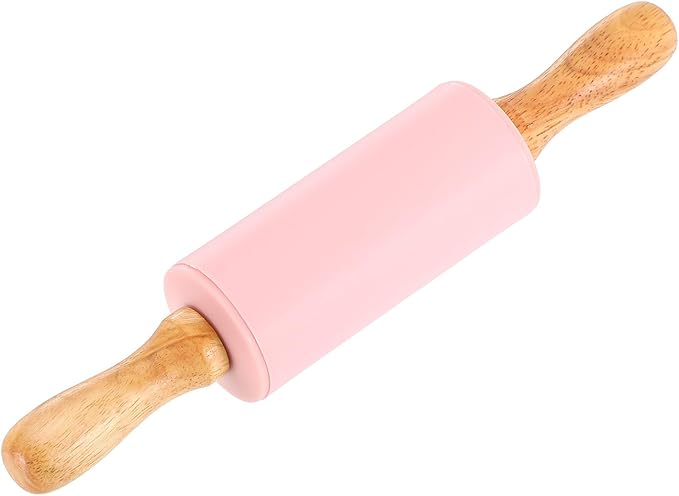 uxcell 4 Inch Silicone Rolling Pin, Small Dough Roller with Wood Handle for Pizza Pastry Fondant Kitchen, Pink