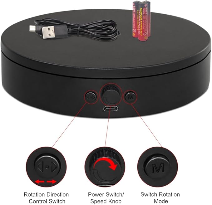 Rotating Display Stand with Type-C Power Cable, Motorized Turntable Adjustable Speed and Direction, Photography Spinning Platform for Product Shooting and Displaying (Black, 7.87'')