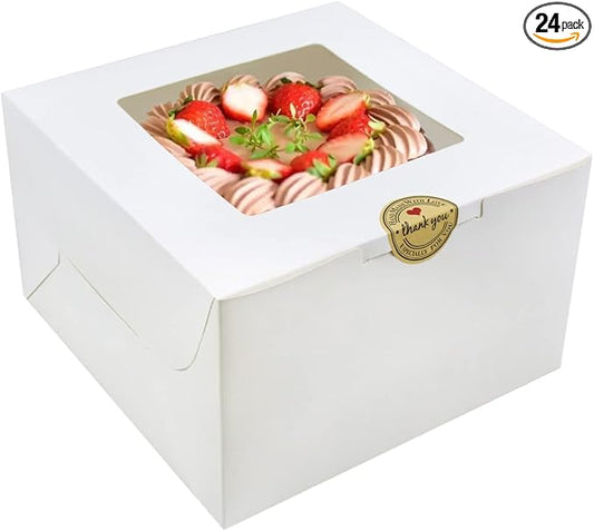 Wei Long Cake Boxes with Window 24pcs 8x8x5 Inches White Bakery Boxes Cajas Pasteles for Cake,Pastries,Cookies,Pie,Birthday Party,Wedding,Valentine's Day/A