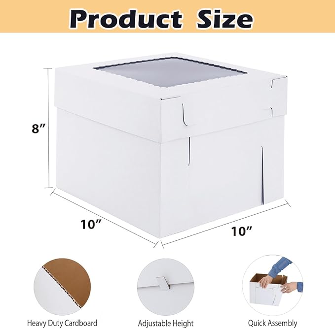 Tall Cake Boxes for Tier Cakes,10x10x8 Inch [12Pack ] Thick Sturdy Bakery Box with Window,White Cake Carrier, Disposable Cake Containers,Birthday Cake Boxes
