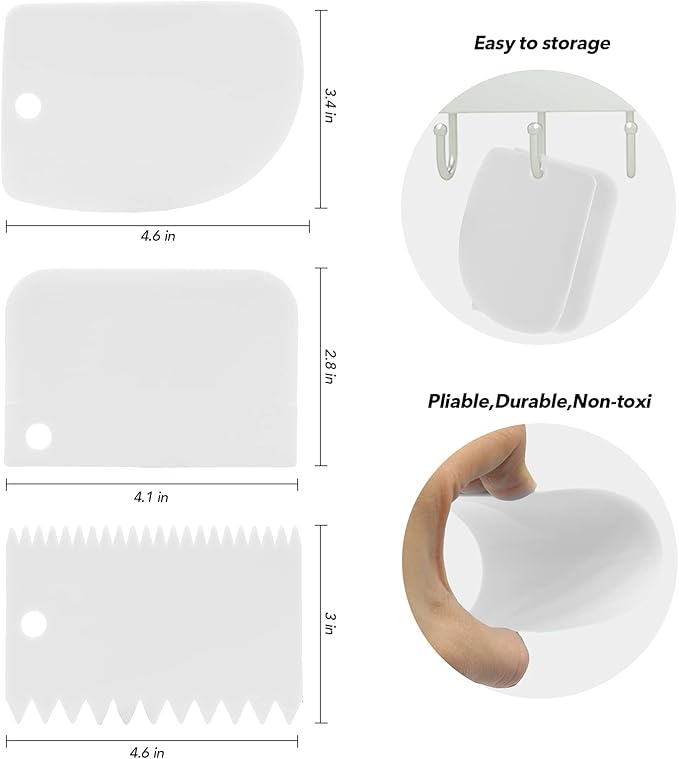 Multi-Purpose Bowl & Cake Scraper, 5-Piece Flexible Plastic Dish & Dough Cutter, Kitchen Bench Scraper - White