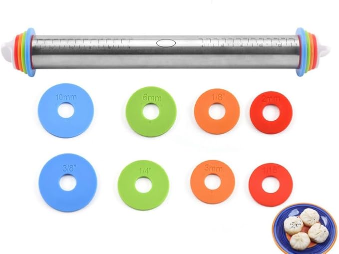 Rolling Pin and Silicone Baking Pastry Mat Set, Stainless Steel Dough Roller with Adjustable Thickness Rings, for Pizza, Pie, Pastries, Pasta, Cookies (Red)