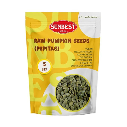Sunbest Natural Raw Pumpkin Seeds – 5 lb Bulk Bag (80 oz) – Unsalted Pepitas, Nutrient-Rich & Ready to Eat – Vegan, Kosher – Great for Snacking, Cooking & Baking