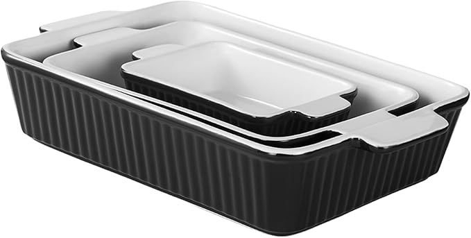 Casserole Dishes for Oven, Porcelain Baking Dishes, Ceramic Bakeware Sets of 3, Rectangular Lasagna Pans Deep with Handles for Baking Cake Kitchen ﻿ (black)