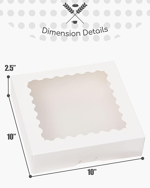 qiqee Auto-pop Up White Pie Boxes with Window 10x10x2.5 inch 20Packs Cookie Donut Bakery Box