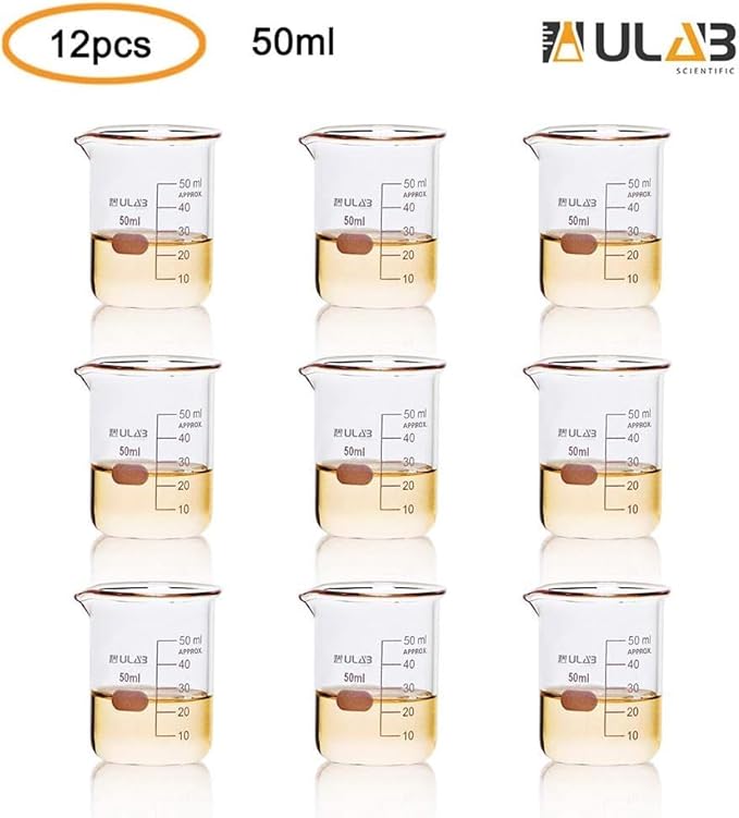 ULAB Scientific Glass Beakers Shot Glass, Vol. 50ml, 3.3 Borosilicate Griffin Low Form with Printed Graduation, Pack of 12, UBG1013