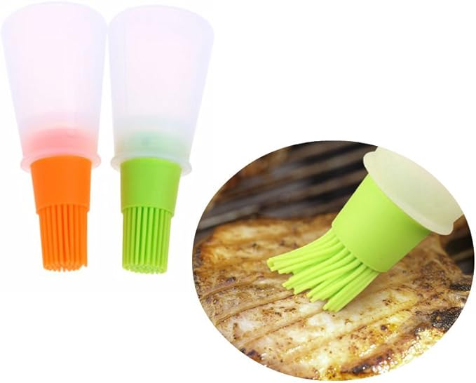 AKOAK BBQ/Pastry Basting Brushes,Silicone Cooking Grill Barbecue Baking Pastry Oil/Honey/Sauce Bottle Brush,Set of 2,Green and Orange