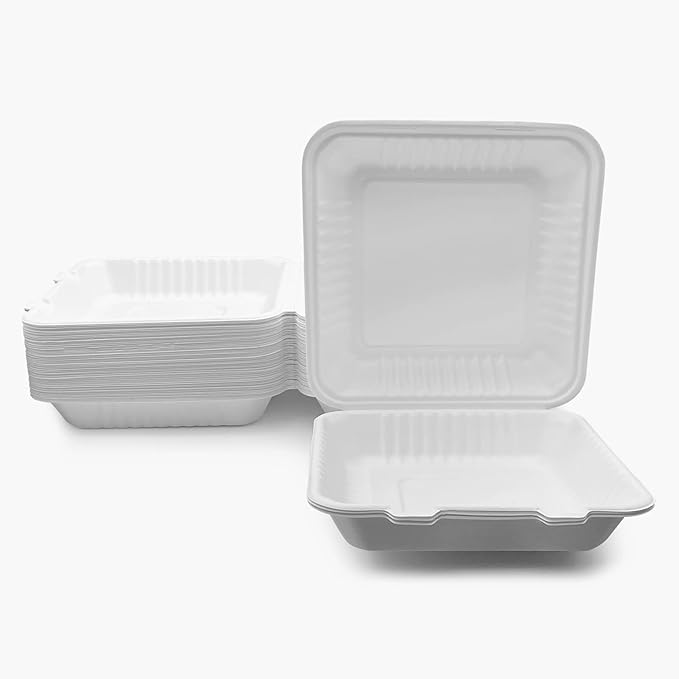 three leaf 9" X 9" 1 COMPARTMENT BAGASSE CLAMSHELL, 200 Ct. Heavy-Duty- Super Strong- Natural- Eco-Friendly Disposable Bagasse Clamshell, 100% Biodegradable 9 inch clamshell