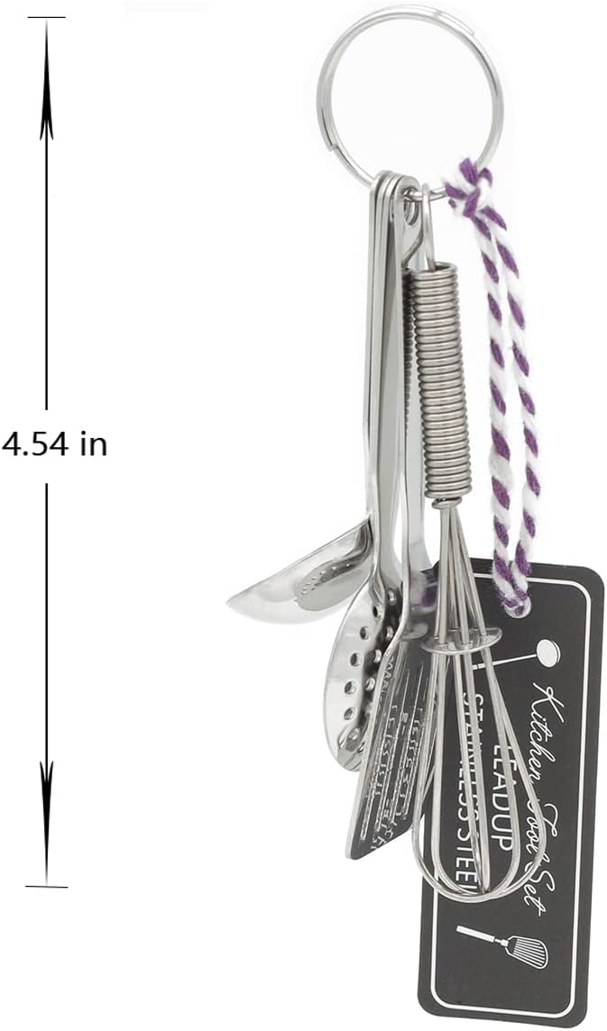 Mini Stainless Steel Kitchen Tool Set with Keychain(3.5"),Set of 5,Includes Whisk, Spatula, Spoon, Skimmer,Soup ladle