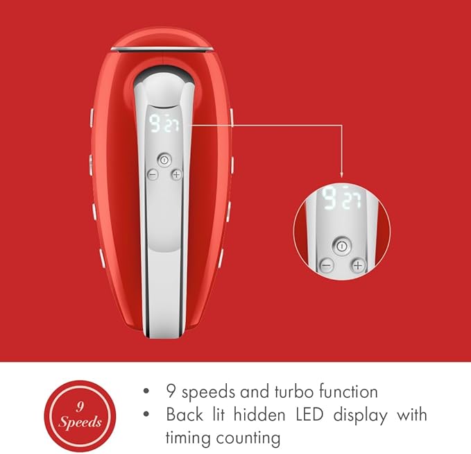 SMEG Red 50's Retro Style Electric Hand Mixer with Set of Beaters, Set of Dough Hooks and Set of Whisks