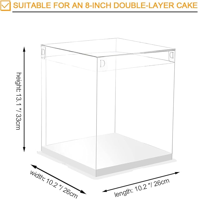 8 Pcs 10x10x12Inch Clear Cake Box with Ribbon, PET Tall Cake Boxes, Clear Gift Boxes for 8 Inch Cake, Bakery Transport Container, Transparent Display Box for Birthday Wedding Party