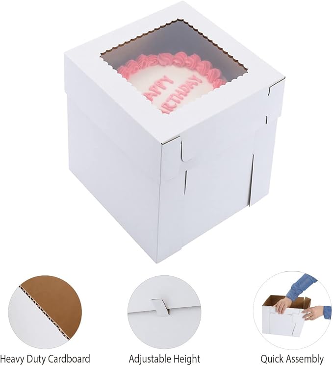 Tall Cake Boxes for Tier Cakes,10x10x12 Inch [3Pack ] Thick Sturdy Cake Box with Window, Layer Cake Carrier,Disposable Cake Containers