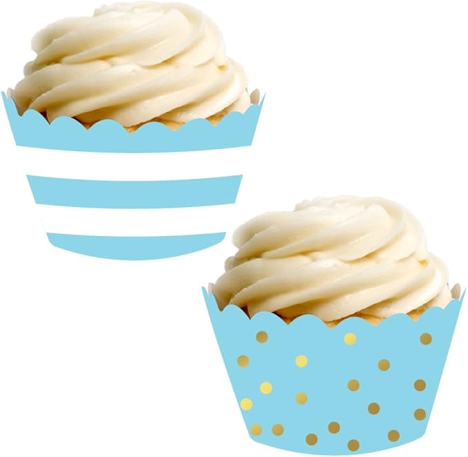 Andaz Press Party Cupcake Wrapper Decorations, Baby Blue Stripes and Metallic Gold Ink Polka Dots, 24-Pack, Theme Colored Bulk Cake Supplies